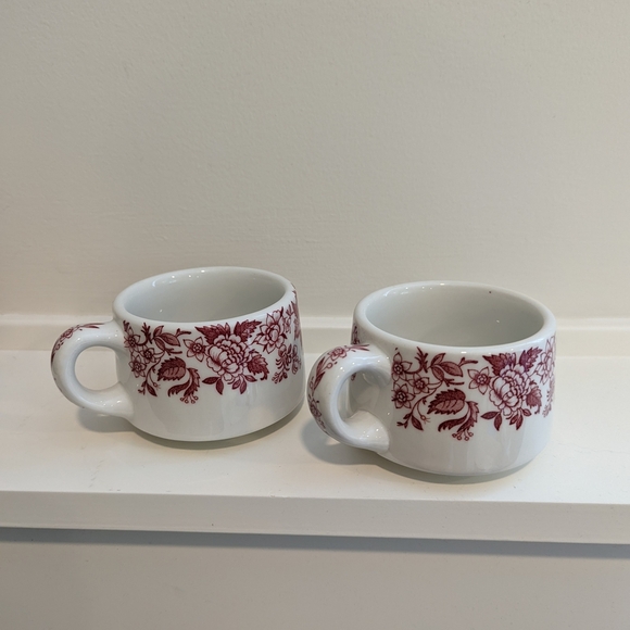 Set of Floral Burgandy and White Ceramic Mugs - Picture 3 of 7